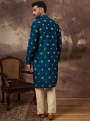 Ethnic Bay Men Blue Silk Blend Solid Embroidered Straight Kurta With Pant Set-MKSET1371