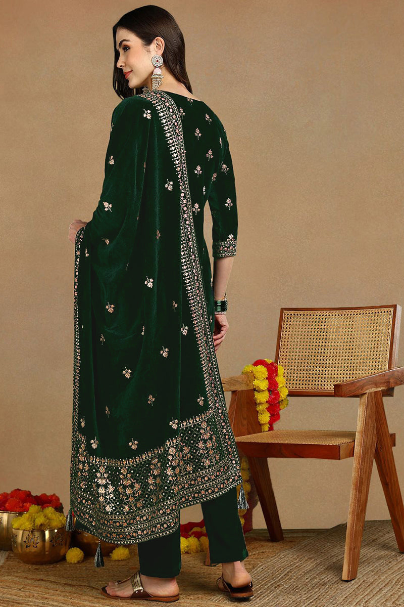 Green Velvet Ethnic Motifs Printed Straight Suit Set PKSKD2772 | DesiQ