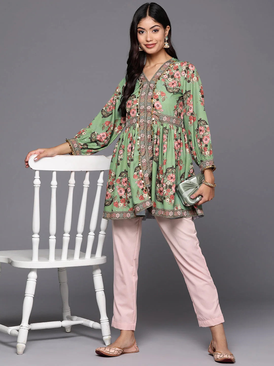 Green & Pink Floral Printed Tunic Top | Indian Kurta for Ladies