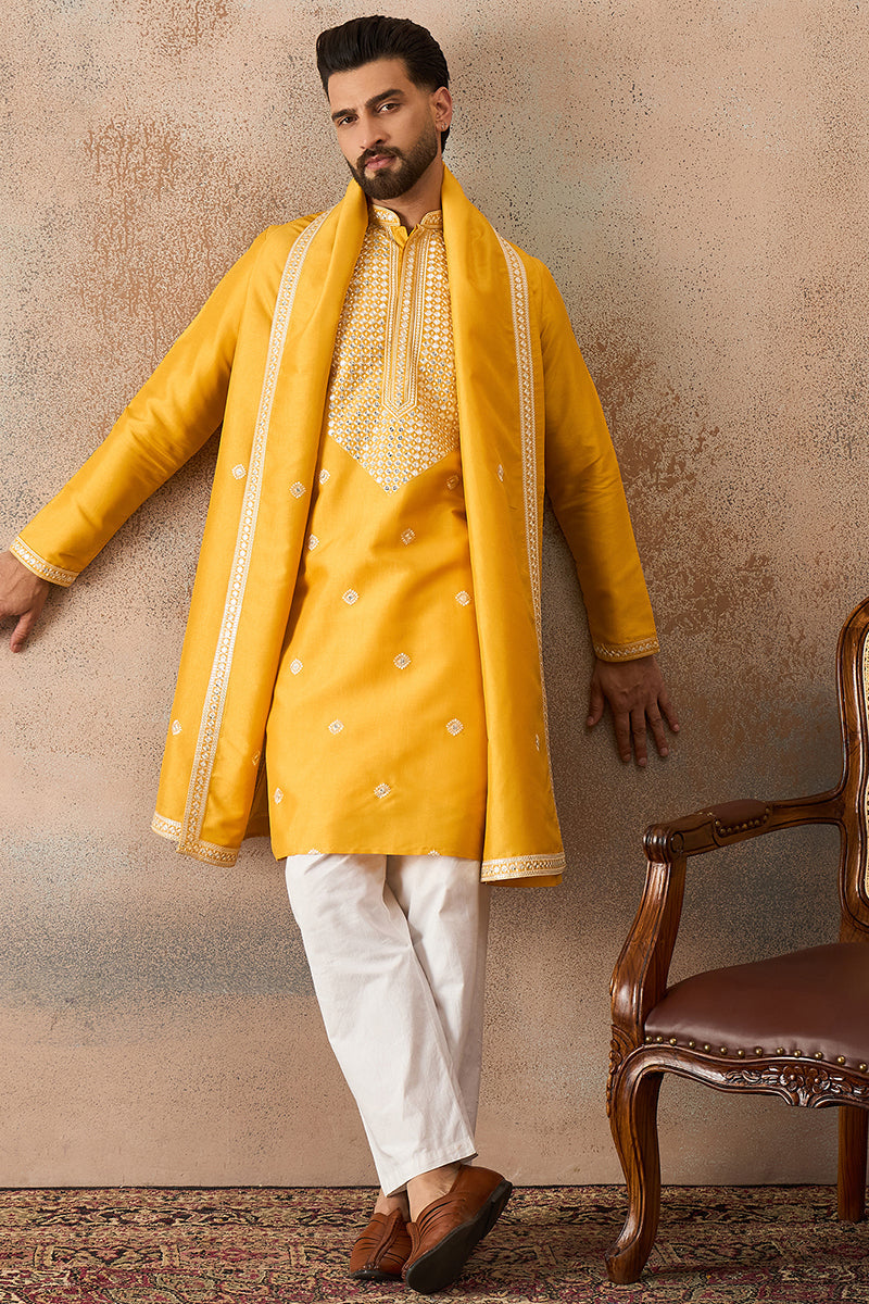 Yellow Silk Blend Solid Embroidered Kurta With Dupatta MKUD1015
