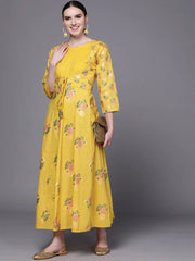 Yellow Floral Print Fit & Flare Pure Cotton Maxi Ethnic Dress-AHDRCOPG-1004-FF