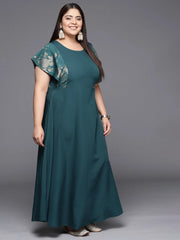 Teal Plus Size Floral Print A-line Maxi Ethnic Dress-AP-AHKUCRFP-699