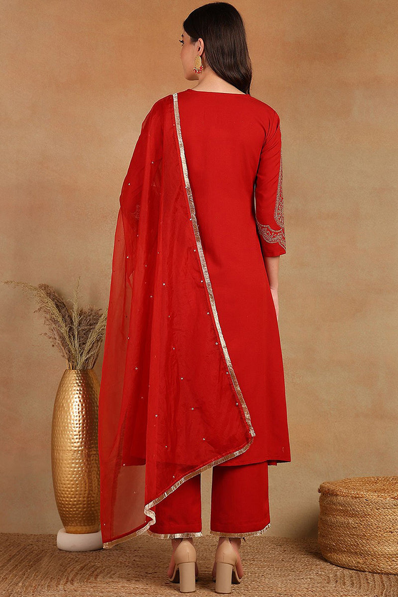 Red Silk Blend Embroidered A-Line Kurta Trouser With Dupatta HOPPKSKD2