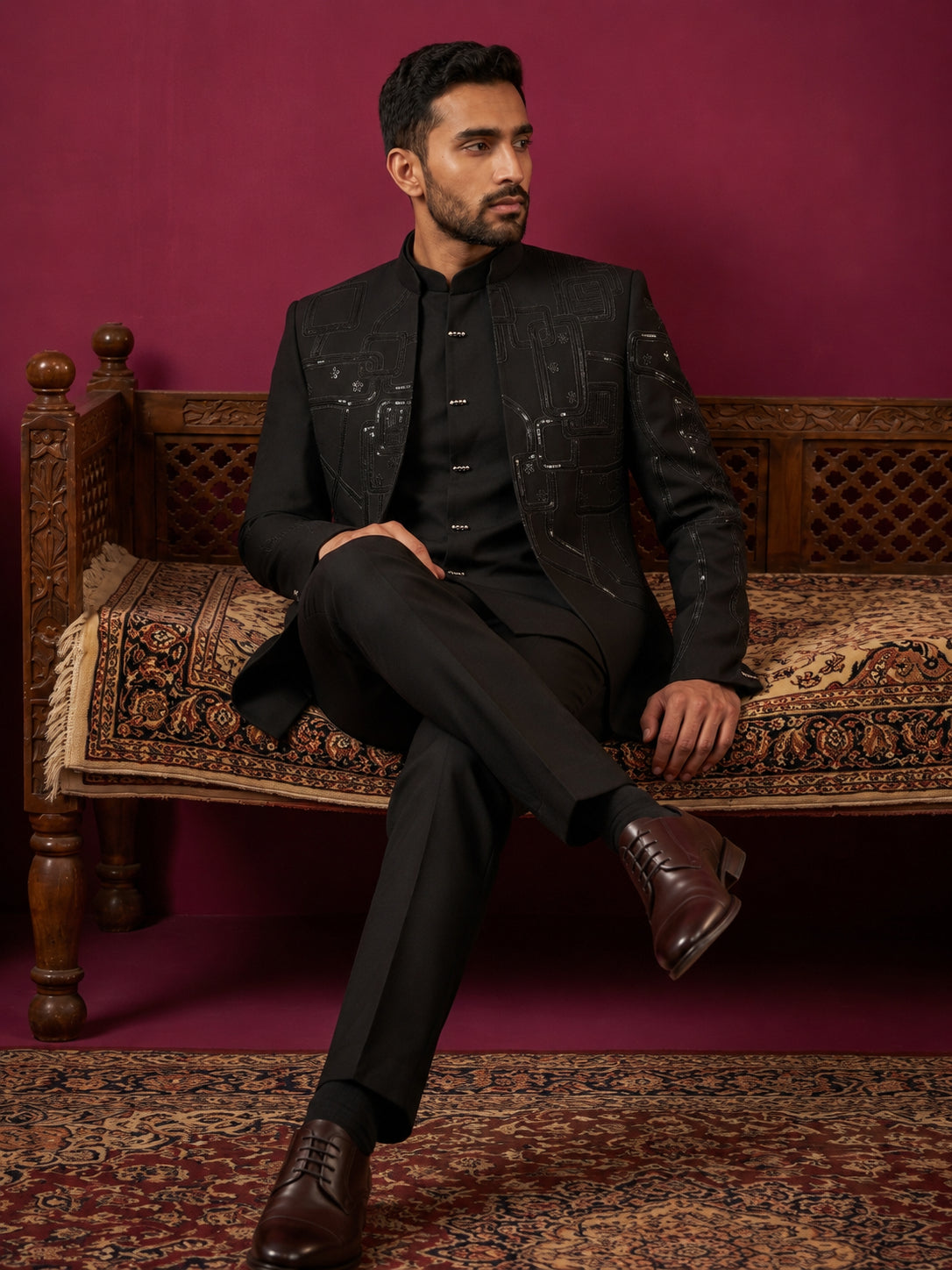 DesiQlo Men Embroidered Indo Western Set - Black - 50JIND_212Black_S