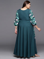 Green Floral Printed Plus Size Maxi Ethnic Dress-AP-AHEDCRDP-132