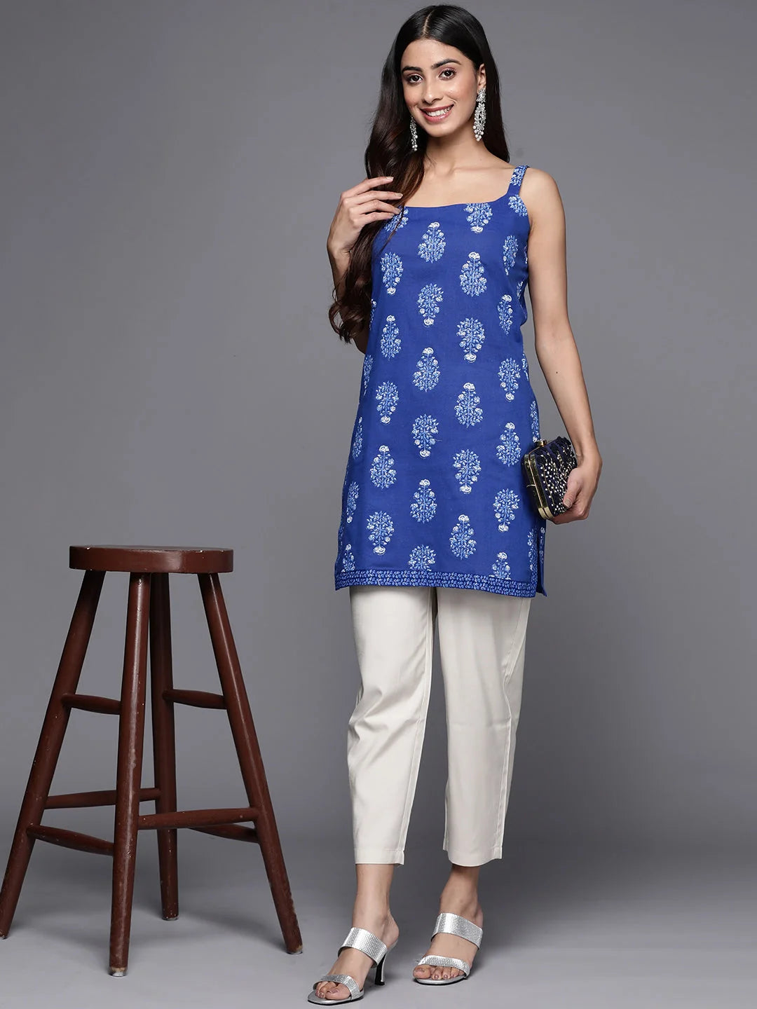 Blue & White Floral Cotton Tunic Top - Indian Kurta for Women