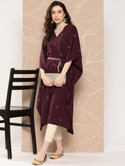 Burgundy Floral Printed Belted Detail Kaftan Kurta-AHKFCRGP-6074-ICH