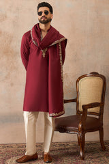 Maroon Silk Blend Solid Embroidered Kurta With Dupatta MKUD1036