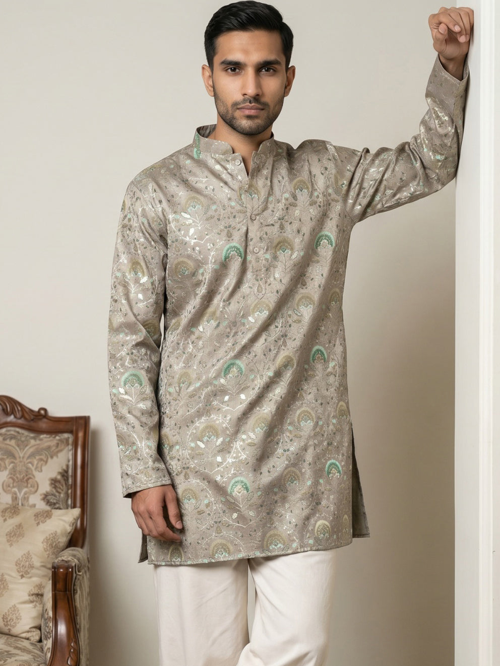 DesiQlo Men Printed Kurta Only - Grey - 65KO_5587Grey_S