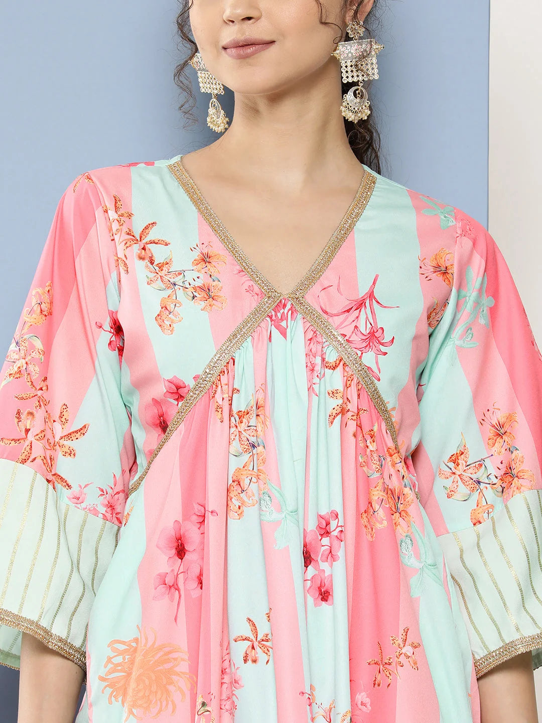 Floral Kurta Palazzo Set - Pink & Blue Gotta Patti | Women's Set