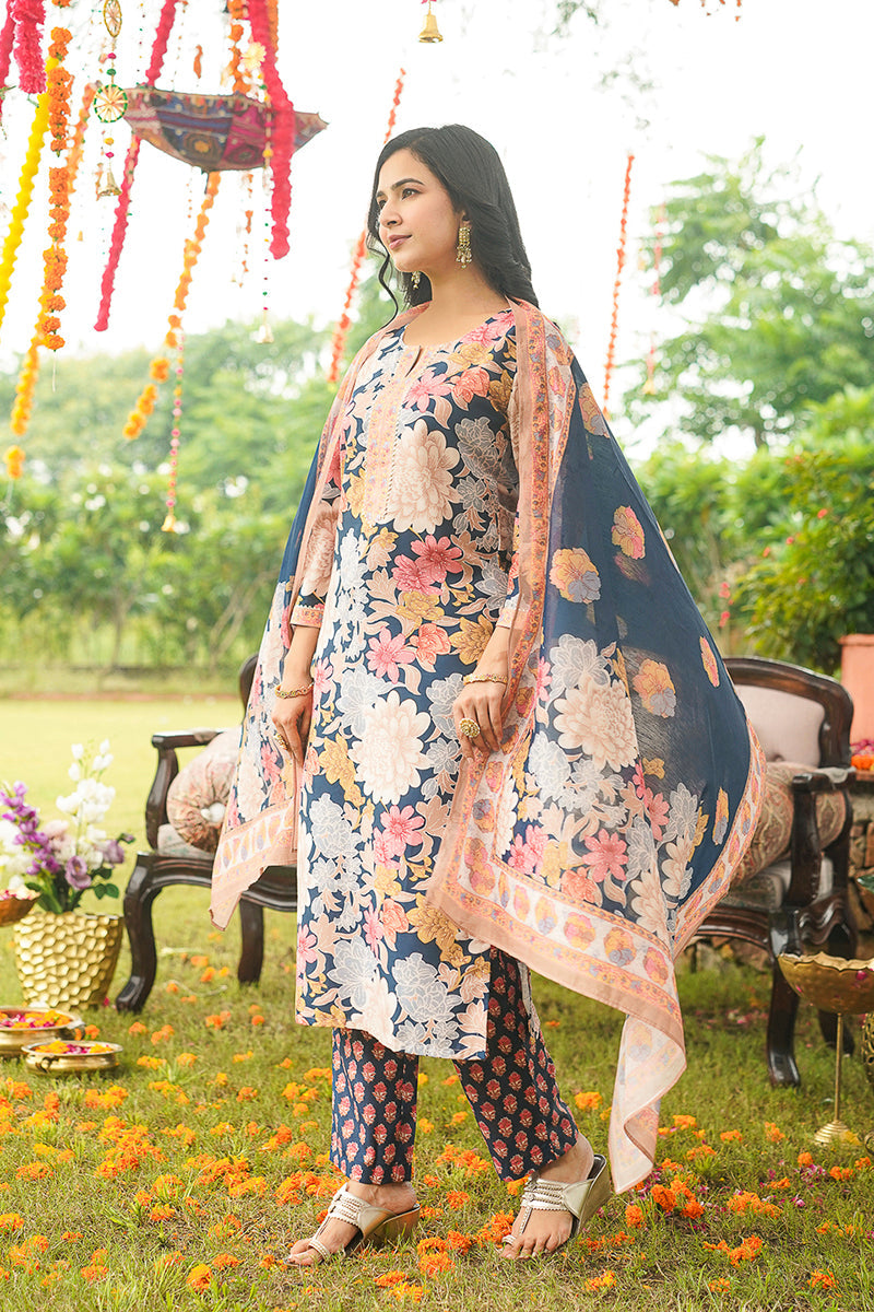Blue Rayon Blend Floral Printed Straight Kurta Trousers With Dupatta VKSKD2415