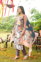 Blue Cotton Blend Floral Printed Straight Kurta Trousers With Dupatta VKSKD2415