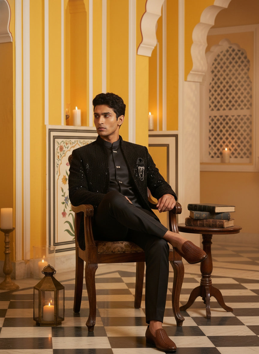 DesiQlo Men Embroidered Indo Western Set - Black - 50JIND_132Black_S