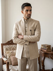 Men's Cotton Blend Embroidered Indo-Western Set ( 50JIND 218Beige )