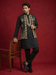 Men's Embroidered Waistcoat and Kurta Pyjama ( JOKPWCS 5080Black )
