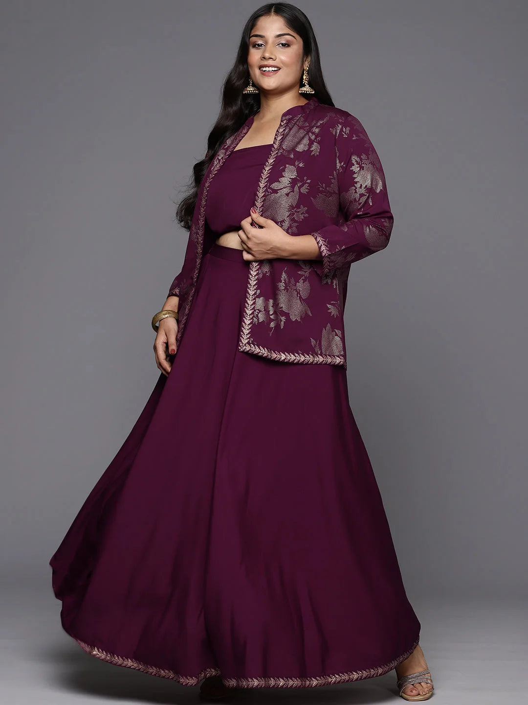 Burgundy & Gold Printed Plus Size Ethnic Co-ords-AP-AHBLSKJK-COMBO-572