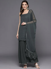 Women's Grey Printed Gotta Patti Sharara set with Dupatta-AHKUDUSH-COMBO-736