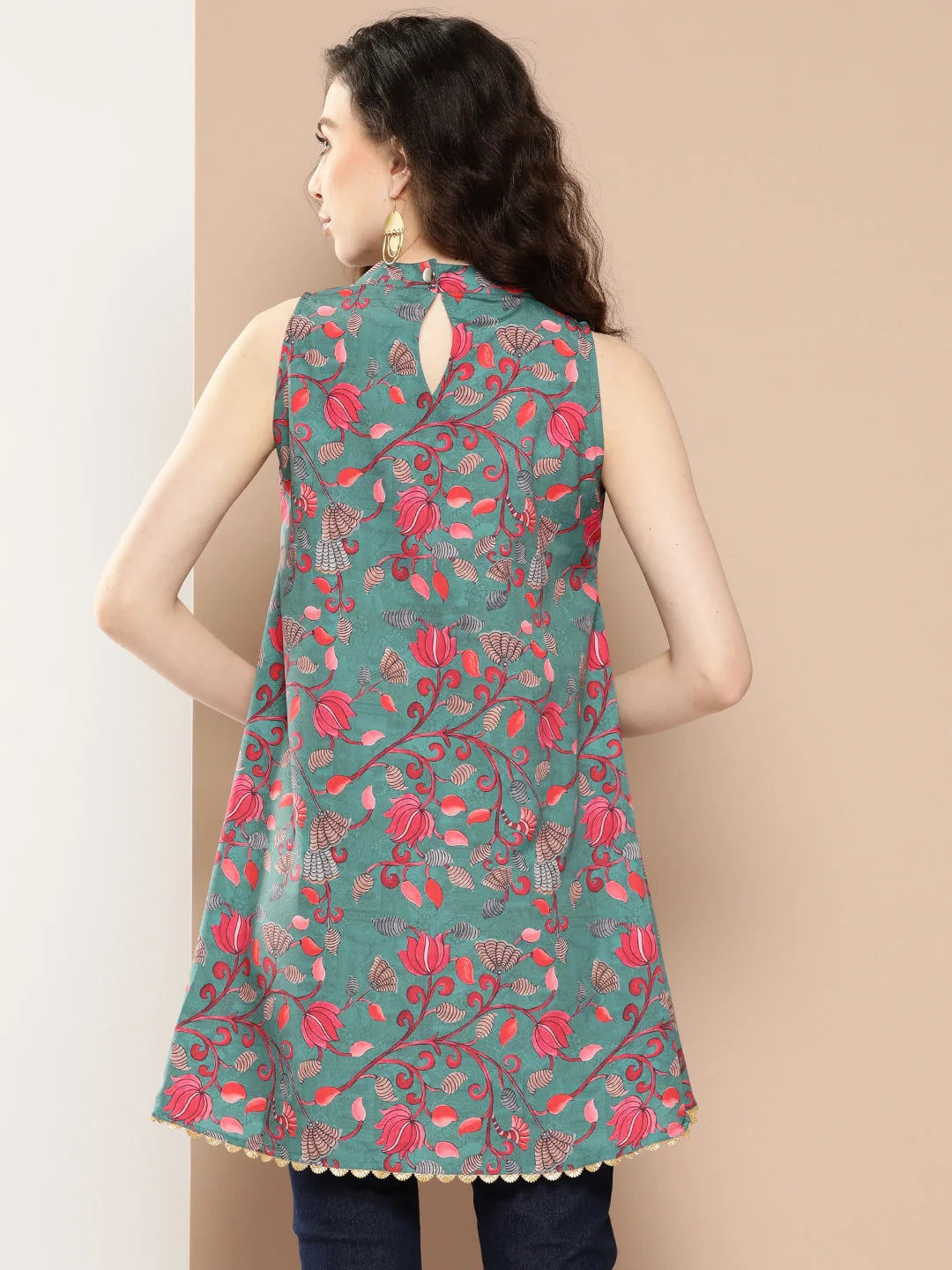 Teal & Pink Floral Tunic Top - Indian Kurta Ladies Collection