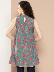 Teal & Pink Floral Printed Tunic-AHTUCRDP-8140-ICH