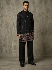 Japanese Fabric Embroidered Kurta & Korean Pants Set ( 65KP PJ11B 5596Black )