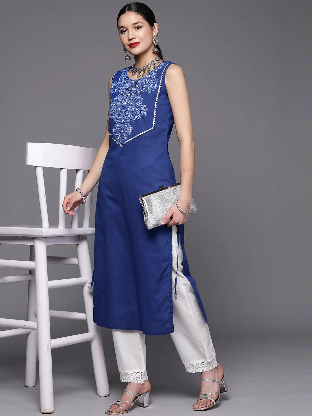 Royal Blue Cotton Printed Indian Kurta for Women Online