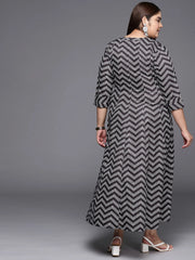 Black & White Plus Size Chevron Print Midi Ethnic Dress-AP-AHKUCRKH-875