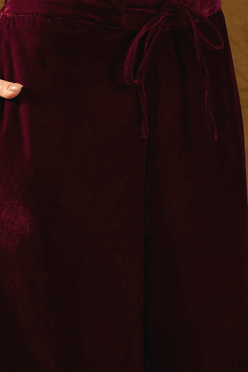 Purple Velvet Solid Embroidered Straight Palazzo Suit Set PKSKD2273 | 