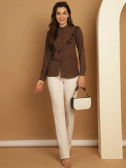 Coffee Brown Woven Design Frill Top-JNT-2025Coffee