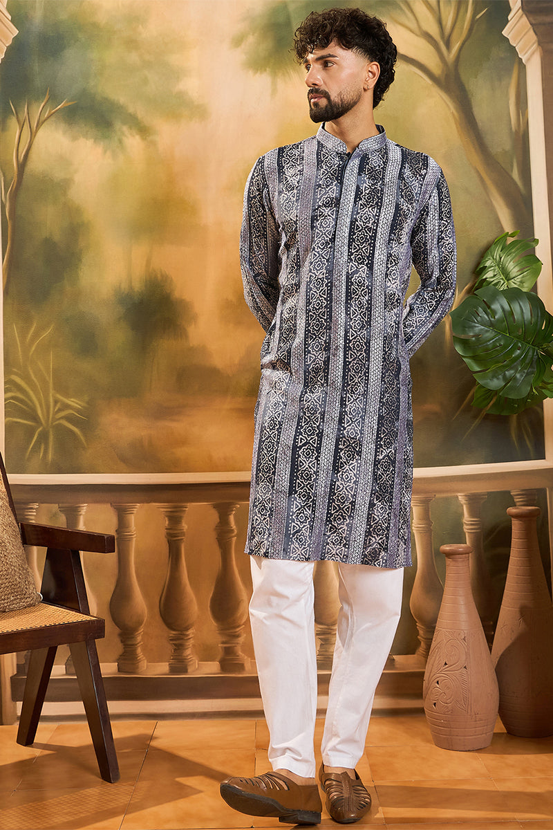 Blue Viscose Rayon Batik Embroidered Straight Kurta MKU1481