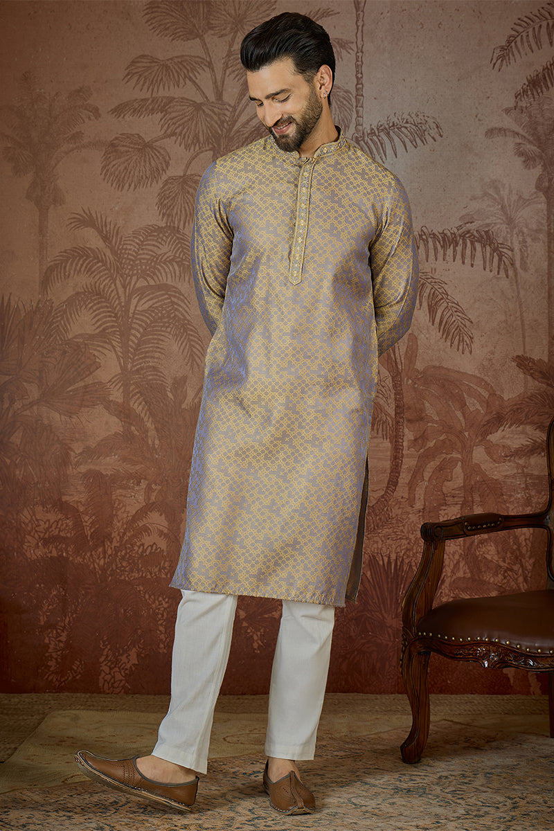 Grey Jacquard Geometric Embroidered Kurta With Trouser MKSET2548