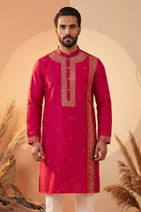 Pink Silk Blend Solid Emboidered Straight Kurta With Trouser MKSET2315