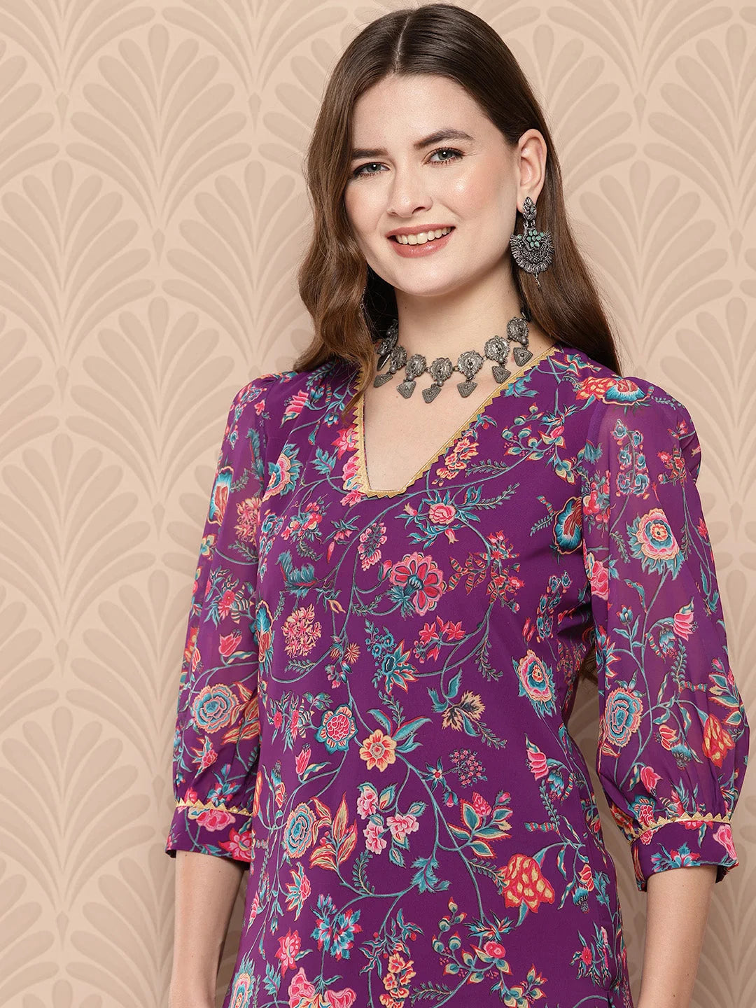 Purple Floral Kurta Palazzo Set - Women's Gotta Patti Outfit