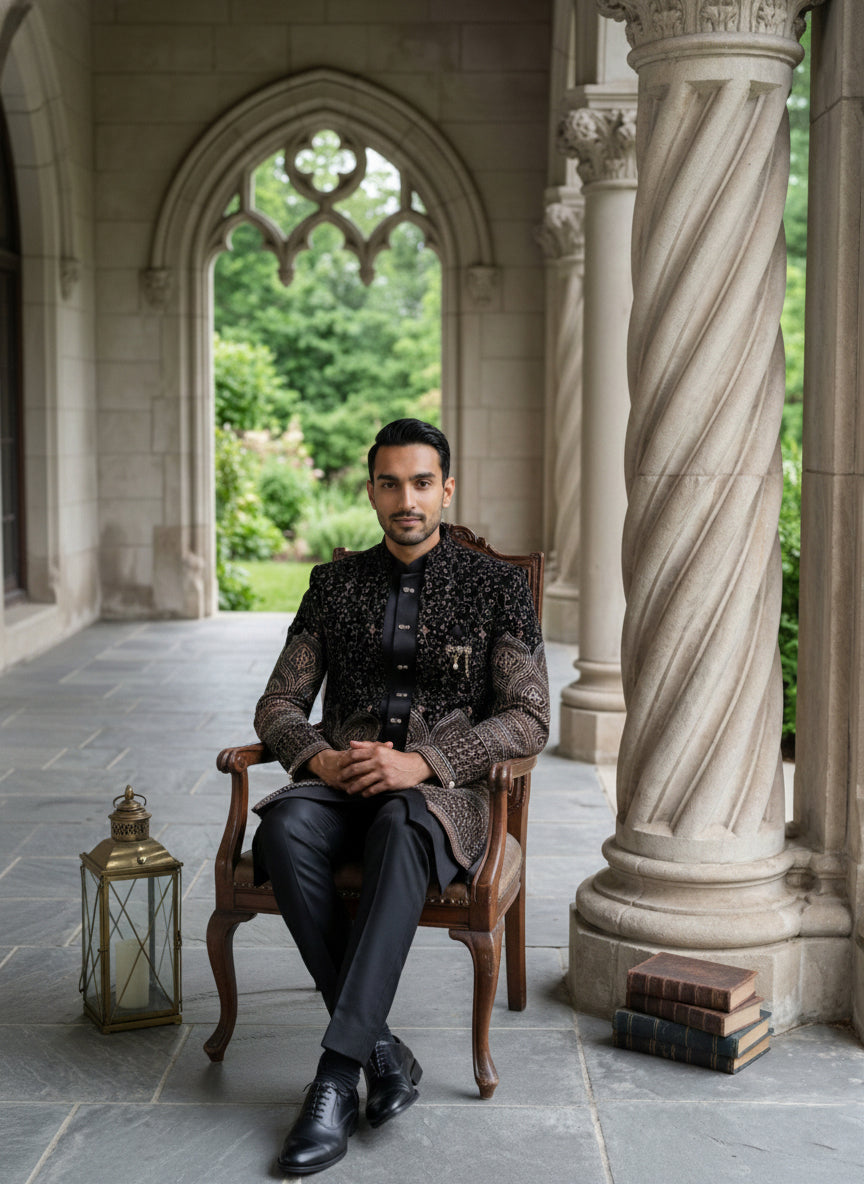 DesiQlo Men Embroidered Indo Western Set - Black - 50JIND_130Black_S