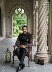 Men’s Black Embroidered Indo-Western Set ( 50JIND 130Black S )