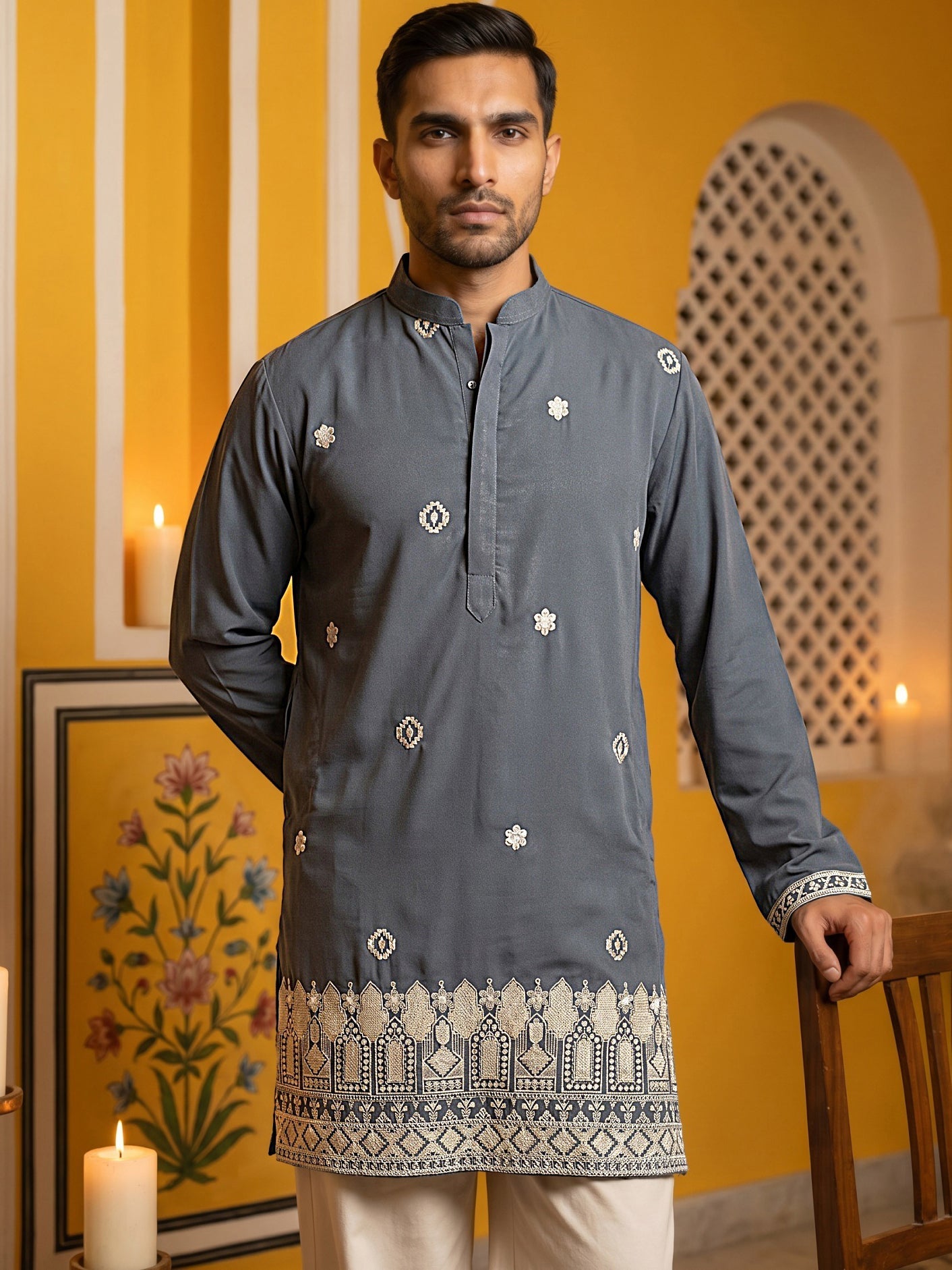 DesiQlo Men Printed Kurta Pyjama Set - Grey - 65KP_PJ11W_5594Grey_S