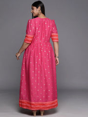 Pink & Gold Polka Dot Printed Plus Size Maxi Ethnic Dress-AP-AHDRCHGP-987