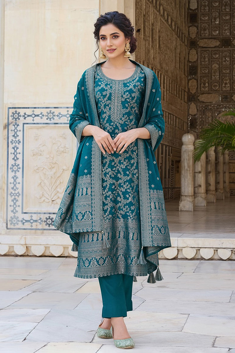 Teal Blue Poly Chanderi Solid Woven Design Straight Trouser Suit Set P