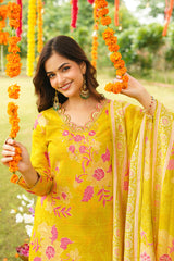 Yellow Rayon Blend Floral Straight Kurta Trousers With Dupatta PKSKD3052