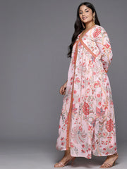 Pink Floral Printed Plus Size High Slit Kurta with Trousers-AP-AHDRPN-COMBO-617-ICH