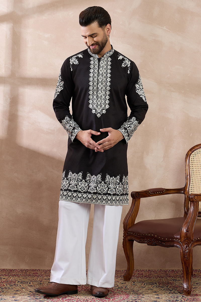 Black Silk Blend Embroidered Mandarin Collar Straight Kurta MKU2019