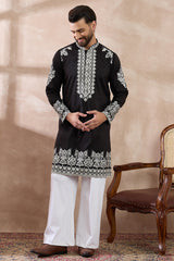 Black Silk Blend Embroidered Mandarin Collar Straight Kurta MKU2019