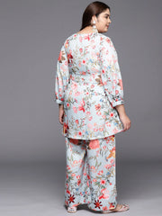 Grey & Pink Floral Printed Plus Size Tunic with Palazzos-AP-AHTUPZ-COMBO-613-ICH