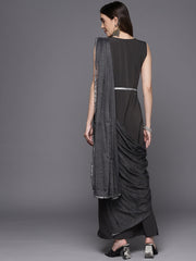 Grey Abstract Print Layered Ethnic Dress-AHEDCFGL-119