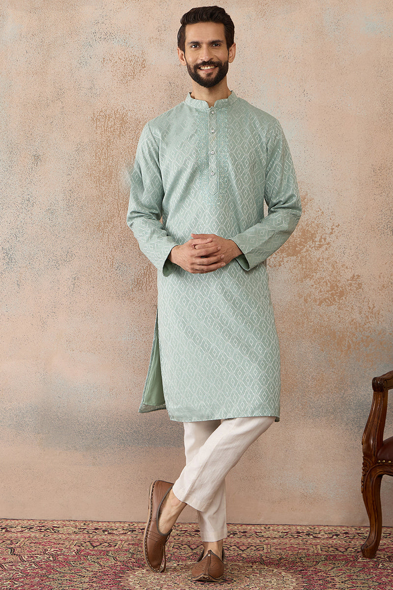 Green Linen Blend Geometric Woven Design Kurta With Trouser MKSET2365