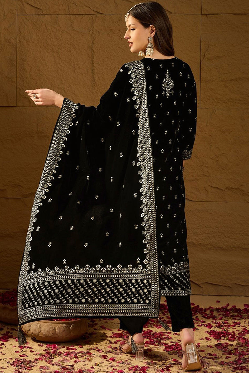 Black Velvet Ethnic Motifs Printed Straight Trousers Suit Set PKSKD292
