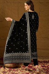 Black Velvet Ethnic Motifs Printed Straight Trousers Suit Set PKSKD2922