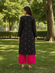 Black Floral Embroidered V-Neck Kurta with Pink Palazzo Set for Women