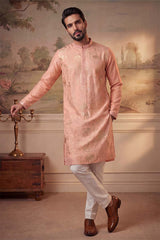 Peach Viscose Rayon Solid Embroidered Kurta With Trousers MKSET2092