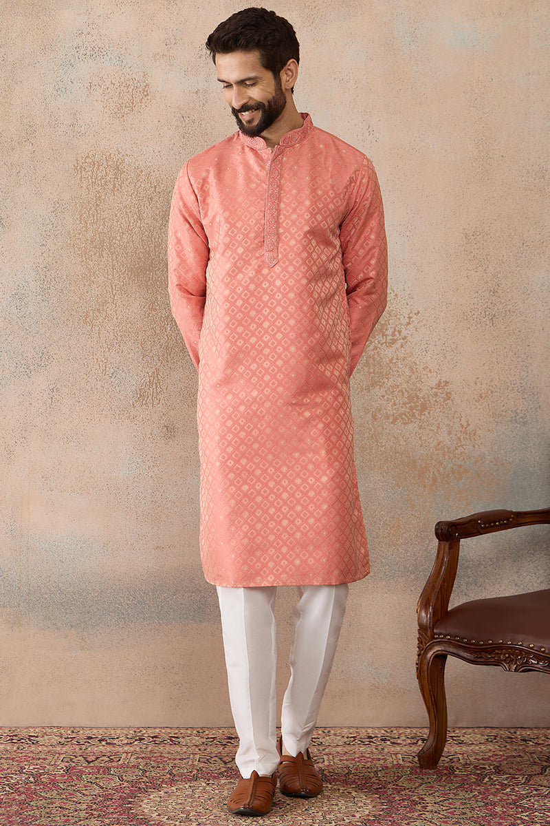 Coral Jacquard Ethnic Motifs Embroidered Kurta MKU2491