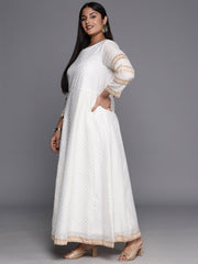 Off White & Gold Printed Plus Size Maxi Ethnic Dress With Dupatta-AP-AHDRDU-COMBO-234